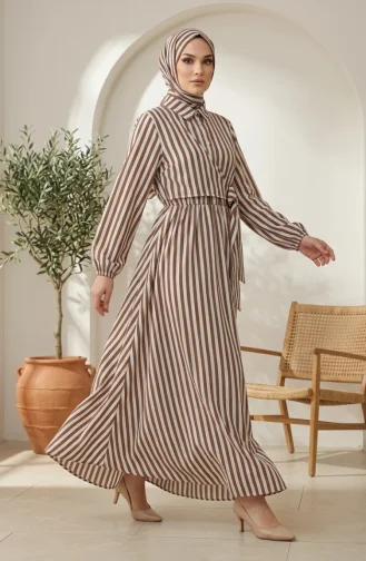 Robe Hijab En Lin Rayé à Taille élastique Et Liens Latéraux 0322-03 Marron 0322-03