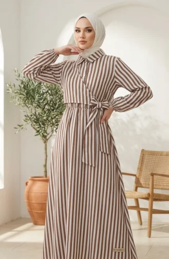 Robe Hijab En Lin Rayé à Taille élastique Et Liens Latéraux 0322-03 Marron 0322-03