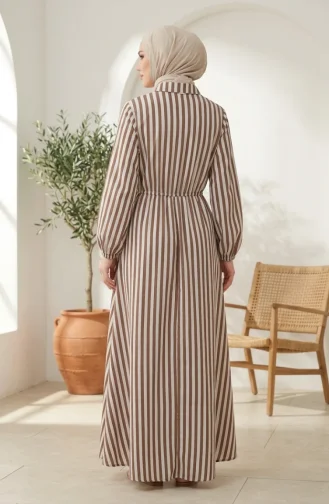 Robe Hijab En Lin Rayé à Taille élastique Et Liens Latéraux 0322-03 Marron 0322-03