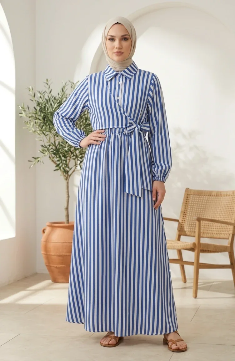 Robe Hijab En Lin Rayé à Taille élastique Et Liens Latéraux 0322-05 Bleu Marine 0322-05