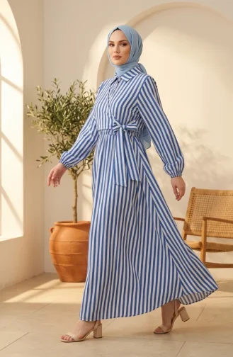 Robe Hijab En Lin Rayé à Taille élastique Et Liens Latéraux 0322-05 Bleu Marine 0322-05