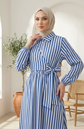 Robe Hijab En Lin Rayé à Taille élastique Et Liens Latéraux 0322-05 Bleu Marine 0322-05