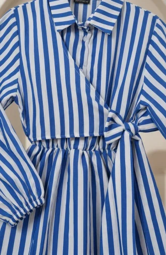 Robe Hijab En Lin Rayé à Taille élastique Et Liens Latéraux 0322-05 Bleu Marine 0322-05