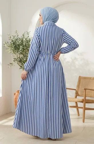 Robe Hijab En Lin Rayé à Taille élastique Et Liens Latéraux 0322-05 Bleu Marine 0322-05
