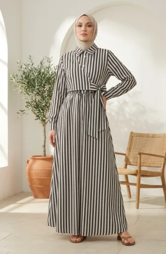 Robe Hijab En Lin Rayé Kaki Taille élastique Et Liens Sur Le Côté 0322-06 0322-06