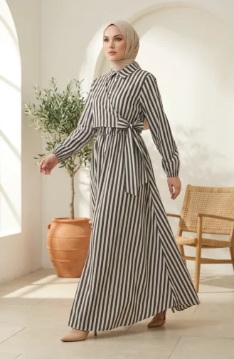 Robe Hijab En Lin Rayé Kaki Taille élastique Et Liens Sur Le Côté 0322-06 0322-06