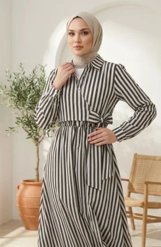 Robe Hijab En Lin Rayé Kaki Taille élastique Et Liens Sur Le Côté 0322-06 0322-06