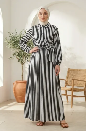 Robe Hijab En Lin Rayé Noir à Taille élastique Et Liens Sur Le Côté 0322-07 0322-07