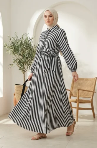 Robe Hijab En Lin Rayé Noir à Taille élastique Et Liens Sur Le Côté 0322-07 0322-07