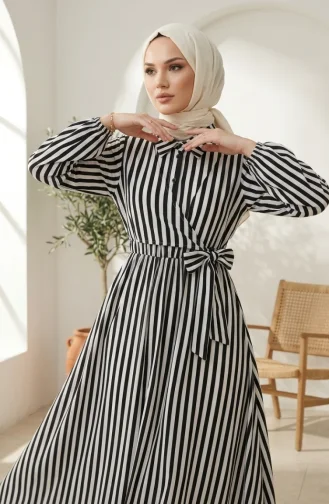 Robe Hijab En Lin Rayé Noir à Taille élastique Et Liens Sur Le Côté 0322-07 0322-07