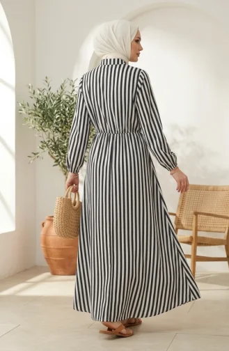 Robe Hijab En Lin Rayé Noir à Taille élastique Et Liens Sur Le Côté 0322-07 0322-07