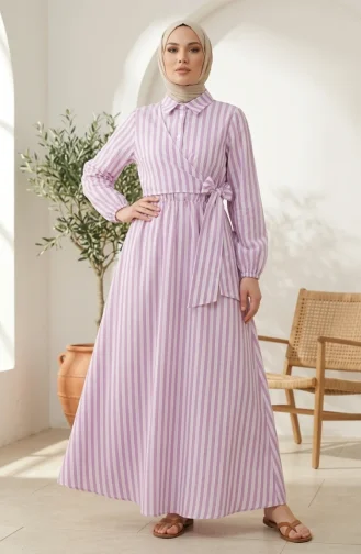 Robe Hijab En Lin Rayé Taille élastique Lien Sur Le Côté 0322-08 Lilas 0322-08