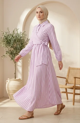 Robe Hijab En Lin Rayé Taille élastique Lien Sur Le Côté 0322-08 Lilas 0322-08
