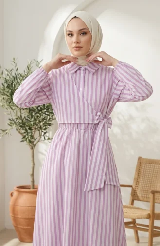 Robe Hijab En Lin Rayé Taille élastique Lien Sur Le Côté 0322-08 Lilas 0322-08