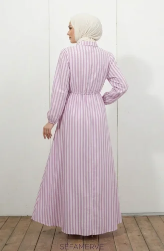 Robe Hijab En Lin Rayé Taille élastique Lien Sur Le Côté 0322-08 Lilas 0322-08
