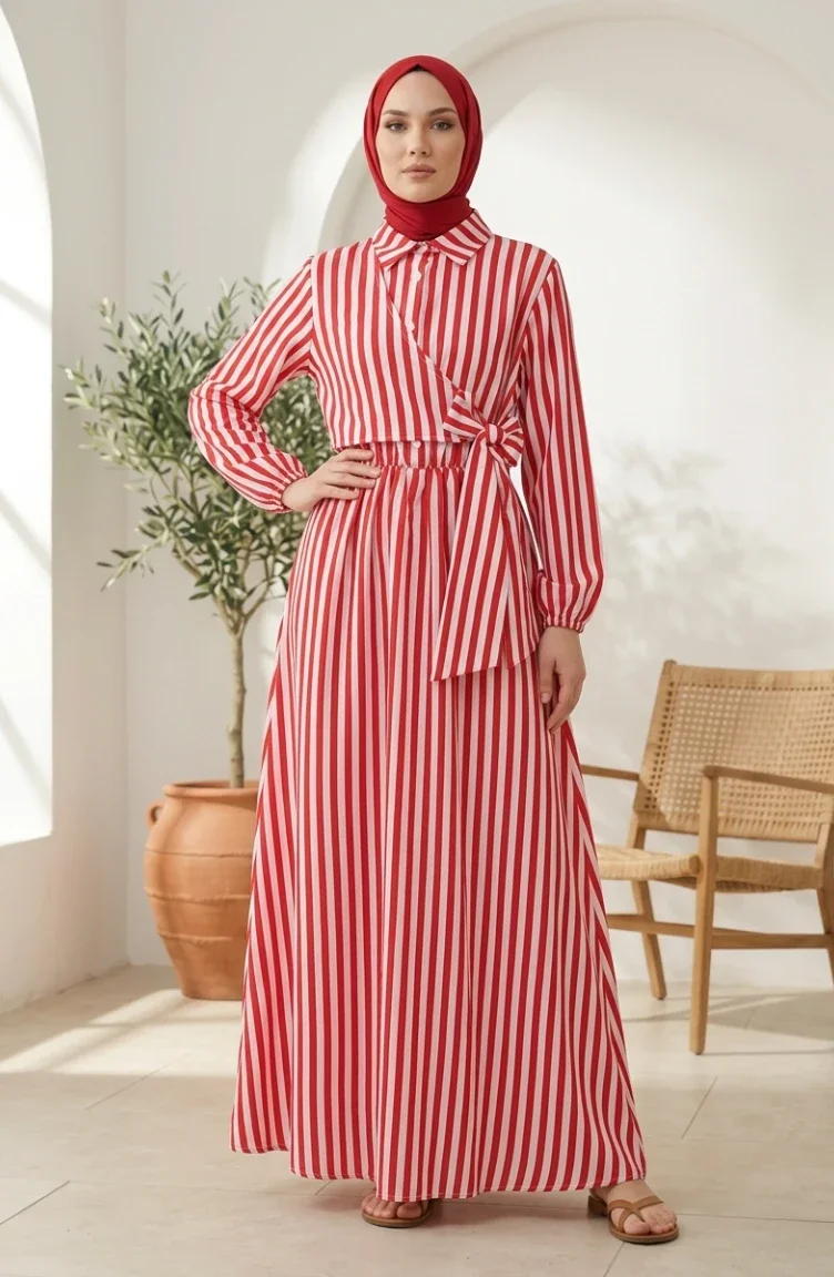 Robe Hijab Rayée En Lin Taille élastique Liens Sur Le Côté 0322-09 Rouge 0322-09