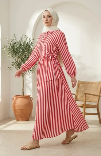 Robe Hijab Rayée En Lin Taille élastique Liens Sur Le Côté 0322-09 Rouge 0322-09