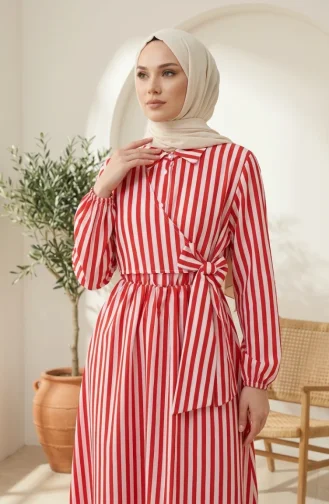 Robe Hijab Rayée En Lin Taille élastique Liens Sur Le Côté 0322-09 Rouge 0322-09