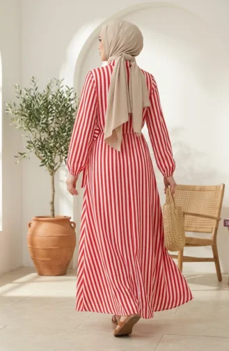 Robe Hijab Rayée En Lin Taille élastique Liens Sur Le Côté 0322-09 Rouge 0322-09