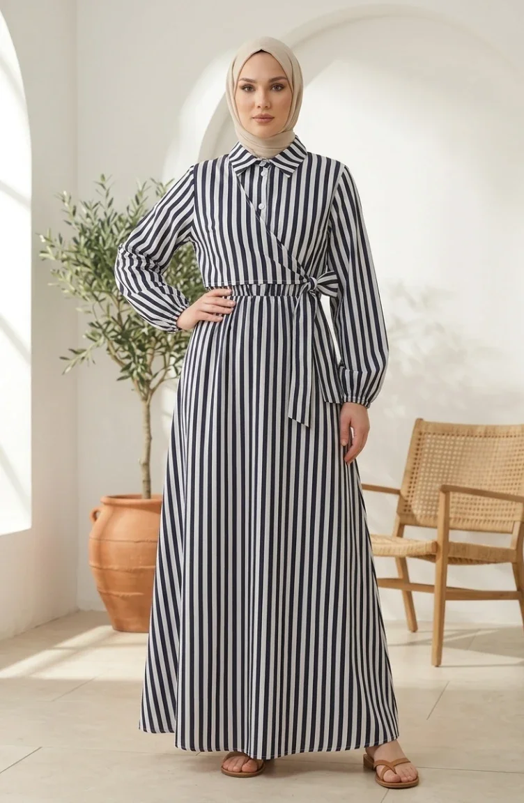 Robe Hijab En Lin Rayé à Taille élastique Et Liens Latéraux 0322-10 Bleu Marine 0322-10
