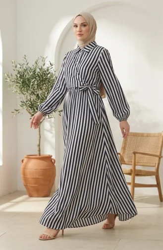 Robe Hijab En Lin Rayé à Taille élastique Et Liens Latéraux 0322-10 Bleu Marine 0322-10
