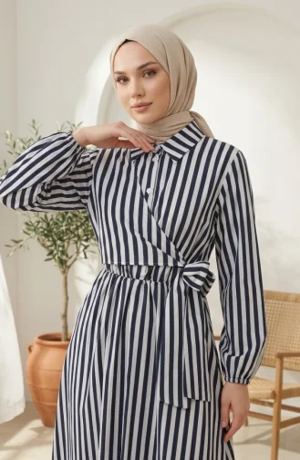 Robe Hijab En Lin Rayé à Taille élastique Et Liens Latéraux 0322-10 Bleu Marine 0322-10