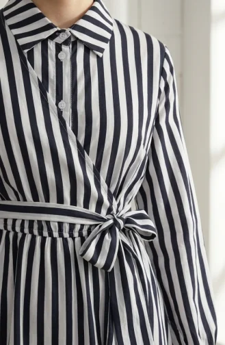 Robe Hijab En Lin Rayé à Taille élastique Et Liens Latéraux 0322-10 Bleu Marine 0322-10