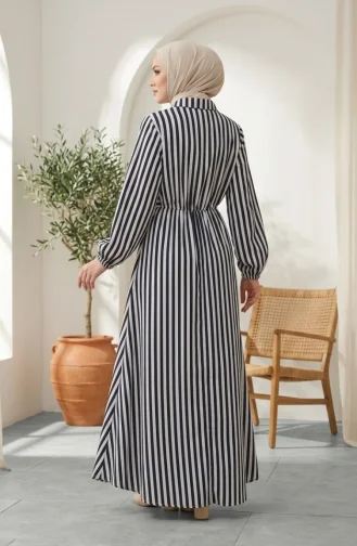 Robe Hijab En Lin Rayé à Taille élastique Et Liens Latéraux 0322-10 Bleu Marine 0322-10