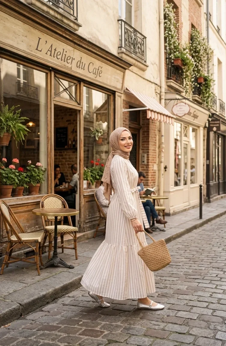 Robe Hijab Rayée En Lin Beige à Taille élastique Et Ceinture 0323-02 0323-02