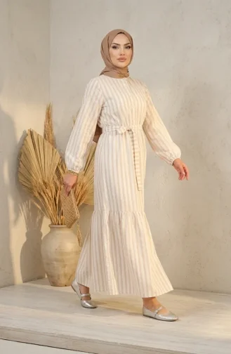 Robe Hijab Rayée En Lin Beige à Taille élastique Et Ceinture 0323-02 0323-02