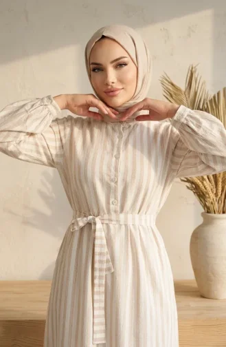Robe Hijab Rayée En Lin Beige à Taille élastique Et Ceinture 0323-02 0323-02