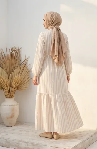 Robe Hijab Rayée En Lin Beige à Taille élastique Et Ceinture 0323-02 0323-02
