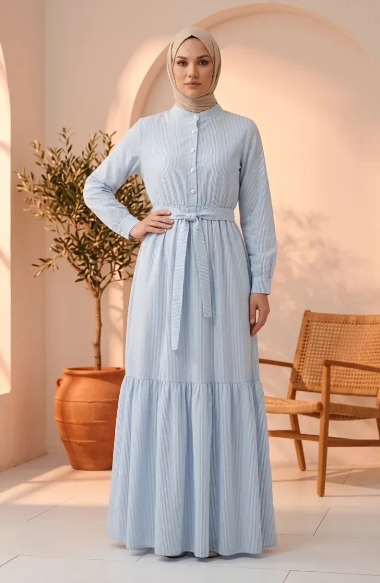 Gestreiftes Leinen-Hijab-Kleid Mit Geraffter Taille 0324-01 Eisblau 0324-01