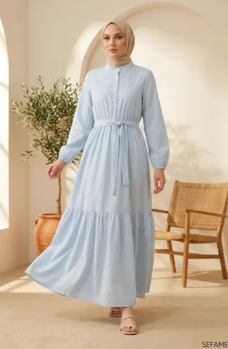 Gestreiftes Leinen-Hijab-Kleid Mit Geraffter Taille 0324-01 Eisblau 0324-01