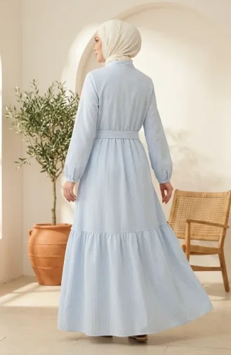 Gestreiftes Leinen-Hijab-Kleid Mit Geraffter Taille 0324-01 Eisblau 0324-01