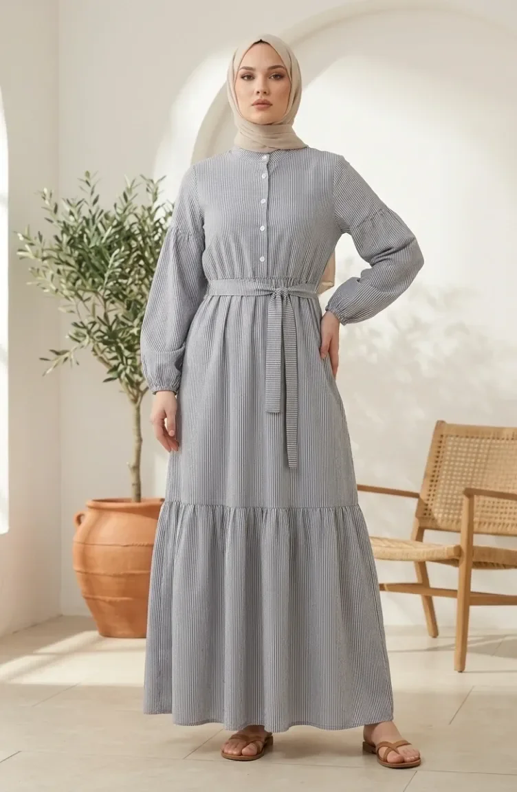 Gestreiftes Leinen-Hijab-Kleid Mit Geraffter Taille 0324-02 Marineblau 0324-02