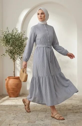 Gestreiftes Leinen-Hijab-Kleid Mit Geraffter Taille 0324-02 Marineblau 0324-02