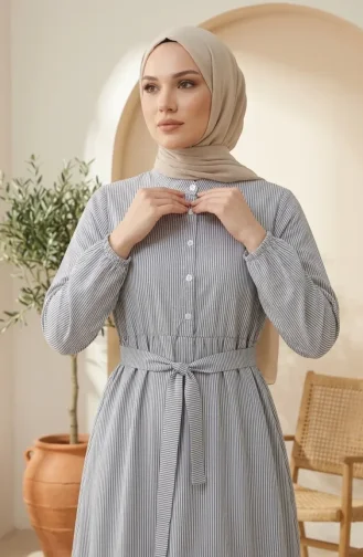 Gestreiftes Leinen-Hijab-Kleid Mit Geraffter Taille 0324-02 Marineblau 0324-02