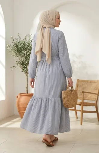 Gestreiftes Leinen-Hijab-Kleid Mit Geraffter Taille 0324-02 Marineblau 0324-02