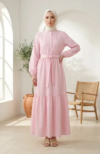 Robe Hijab En Lin Rayé Avec Taille Froncée 0324-03 Rose 0324-03