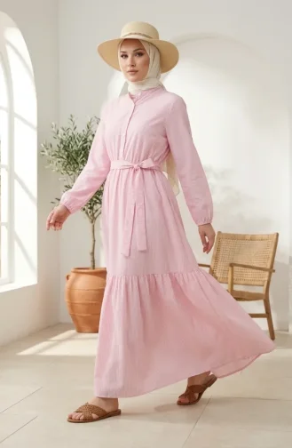 Robe Hijab En Lin Rayé Avec Taille Froncée 0324-03 Rose 0324-03