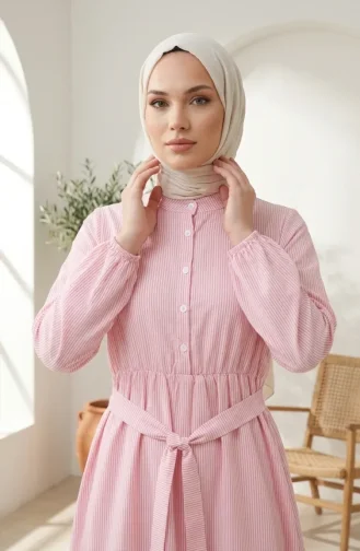 Robe Hijab En Lin Rayé Avec Taille Froncée 0324-03 Rose 0324-03