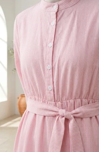 Robe Hijab En Lin Rayé Avec Taille Froncée 0324-03 Rose 0324-03