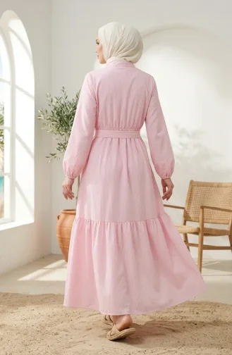 Robe Hijab En Lin Rayé Avec Taille Froncée 0324-03 Rose 0324-03