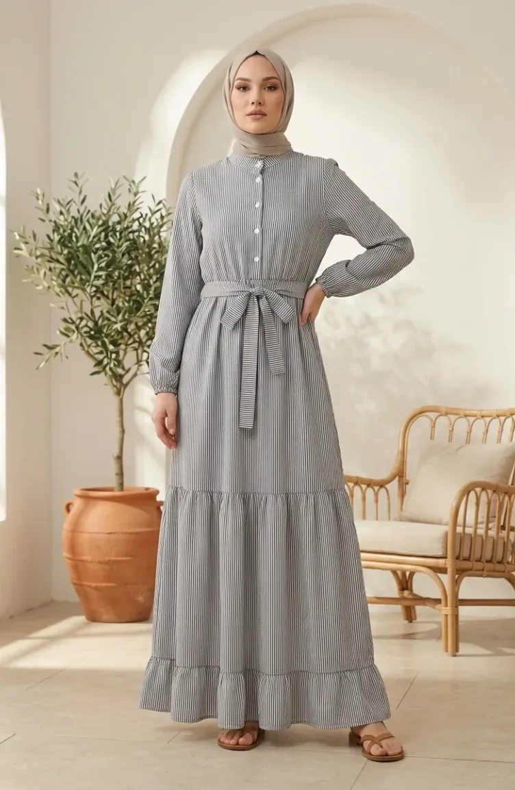 Robe Hijab En Lin Rayé Avec Taille Froncée 0324-04 Noir 0324-04