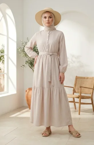 Robe Hijab En Lin Rayé Avec Taille Froncée 0324-05 Beige 0324-05