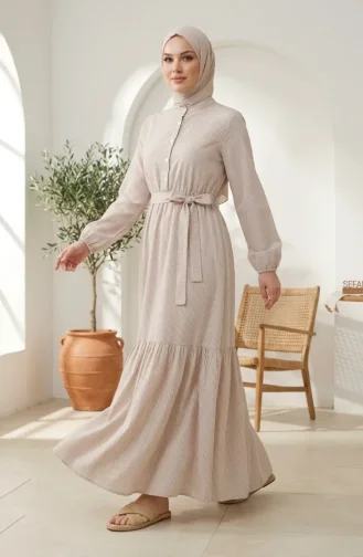 Robe Hijab En Lin Rayé Avec Taille Froncée 0324-05 Beige 0324-05