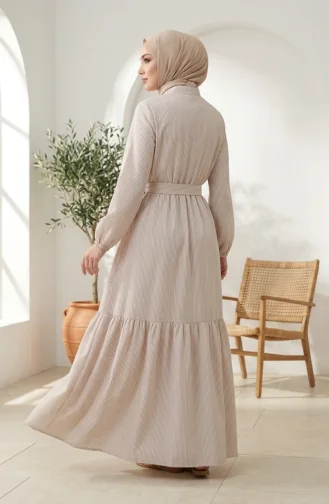Robe Hijab En Lin Rayé Avec Taille Froncée 0324-05 Beige 0324-05