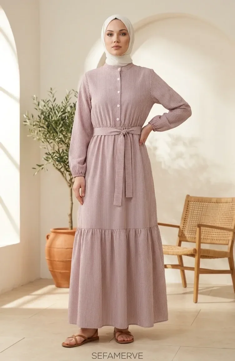 Robe Hijab En Lin Rayé Avec Taille Froncée 0324-06 Bordeaux 0324-06