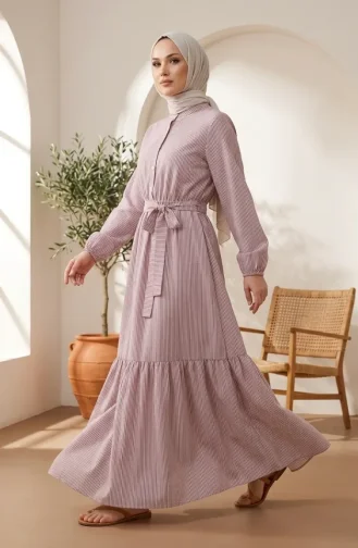 Robe Hijab En Lin Rayé Avec Taille Froncée 0324-06 Bordeaux 0324-06